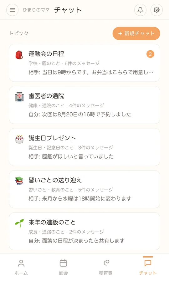 はぐみぃのチャットタブの画面。運動会の日程・歯医者の通院・誕生日プレゼントなど、話題ごとのトピックが未読件数つきで並んでいる